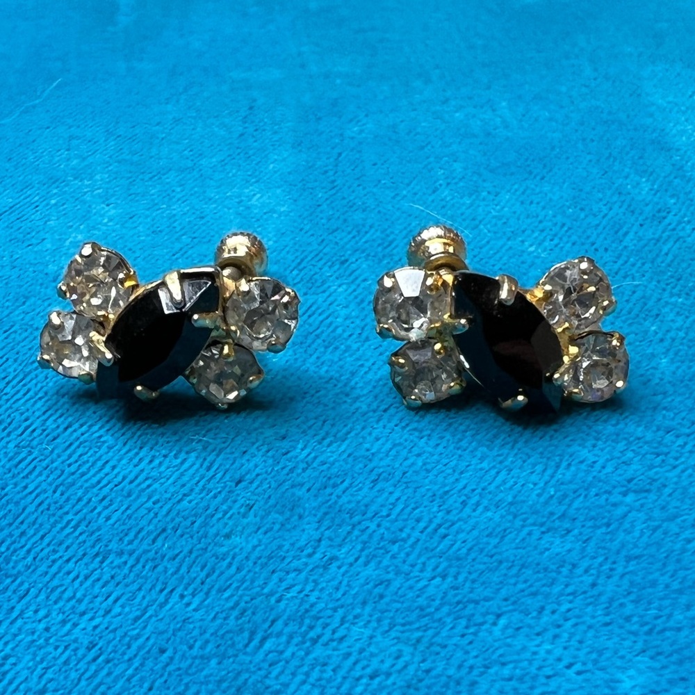 Vintage Gold and Black Rhinestone Clip Earrings